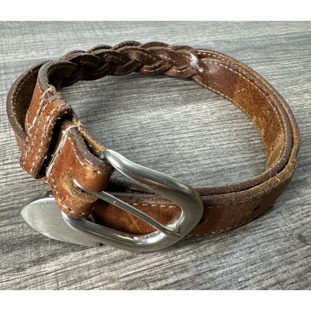 Ladies Leather Belt Brown Braid Silver Tone Buckle and End Tip 37